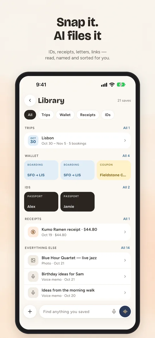 Snap it and AI files it: the Library sorted into trips, wallet, IDs and receipts