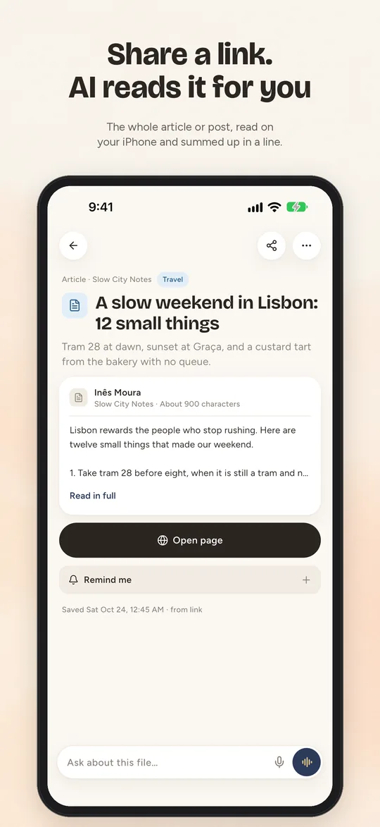 Share a link and AI reads it for you: an article kept as clean full text