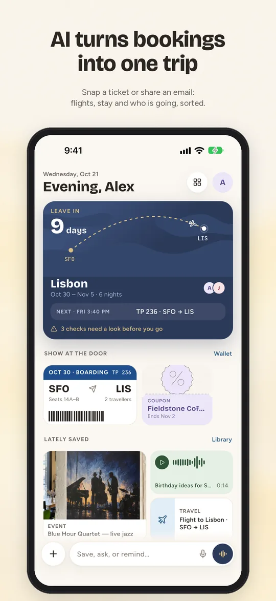 AI turns bookings into one trip: the Lisbon trip card on Home